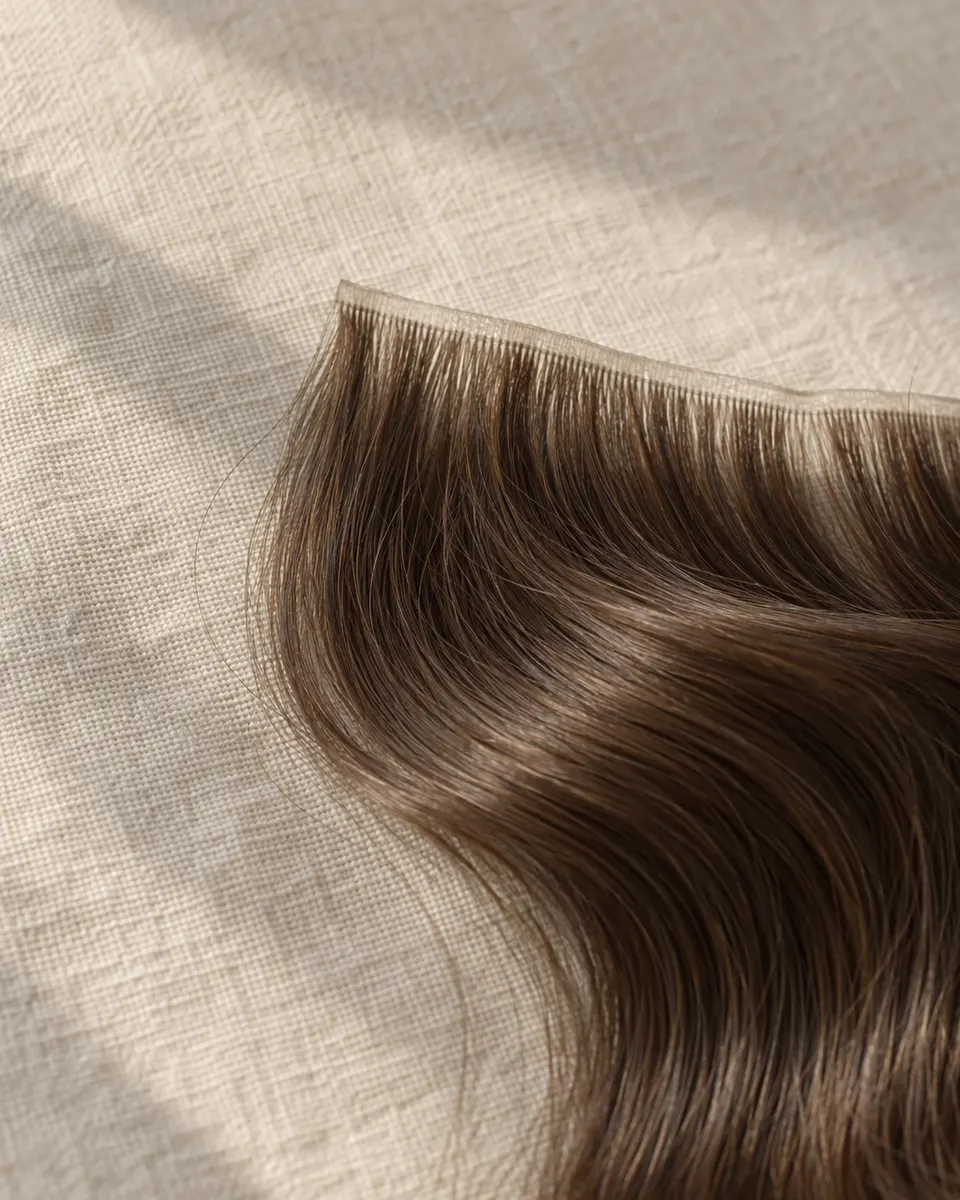 Peça de cabelo castanho sobre linho claro, com a base nano quase transparente à mostra