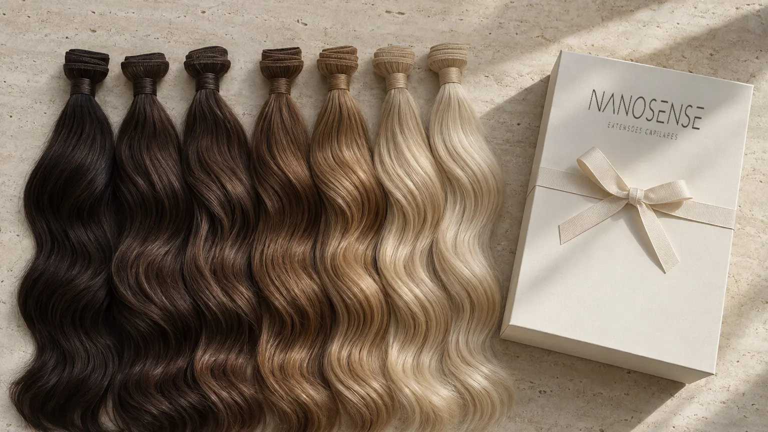 Peças de cabelo enfileiradas sobre pedra clara, do castanho escuro ao loiro claro, ao lado de uma caixa creme com laço