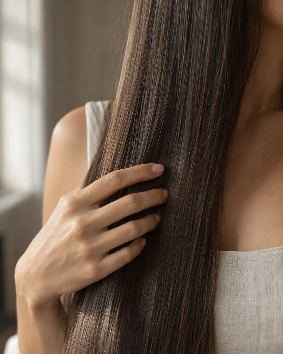 Mão passando pelos fios de um cabelo liso, longo e com brilho
