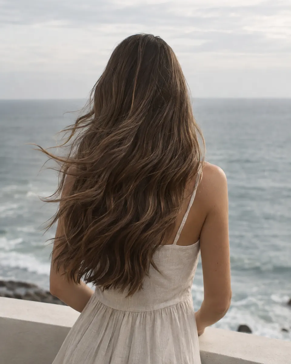 Mulher de costas, de cabelo longo, sedoso e com brilho, olhando o mar